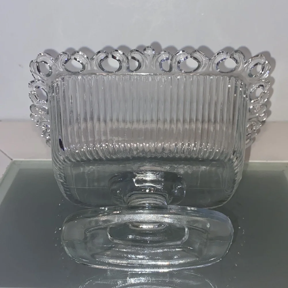 Vintage Indiana Glass Clear Lace Edge Pedestal Candy Bowl with Lid
